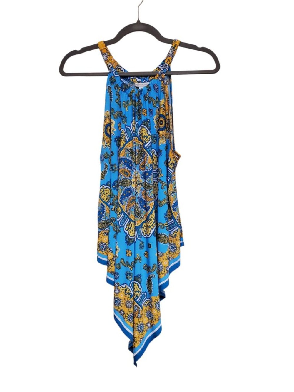 Cato Blue Gold Boho Paisley Gypsy Sleeveless Asymmetrical Handkerchief Tunic M
